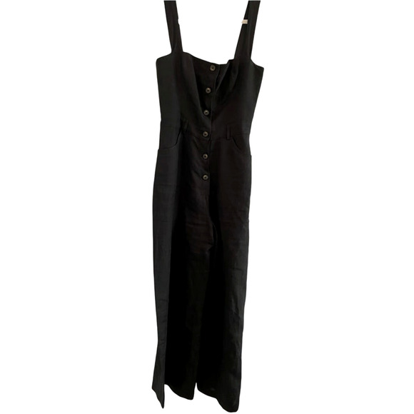 Reformation XS Della 100% LINEN Button Front Straight Leg Jumpsuit 2 Crop Black - Picture 3 of 6
